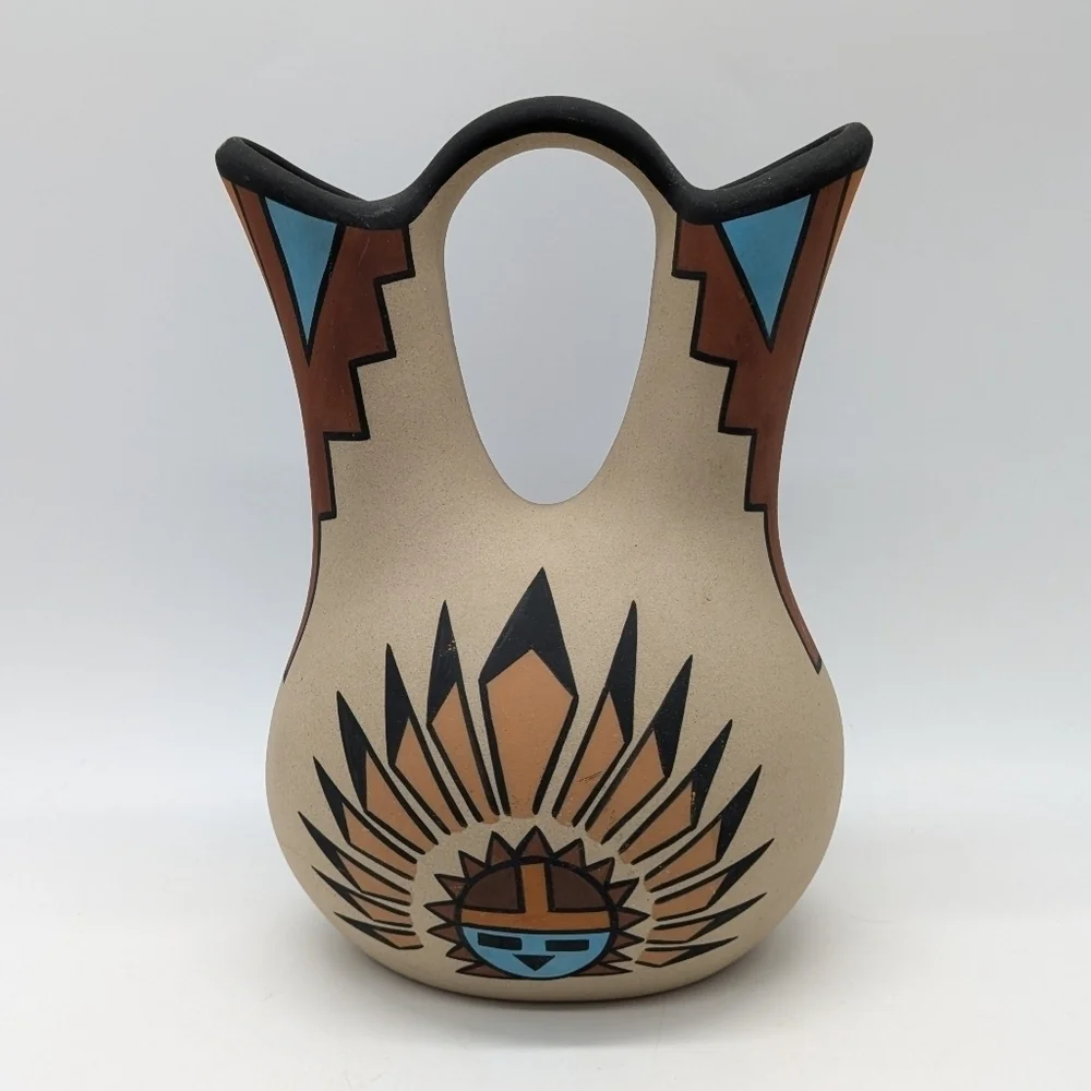 Native American stoneware ceramic wedding vase brown tan blue